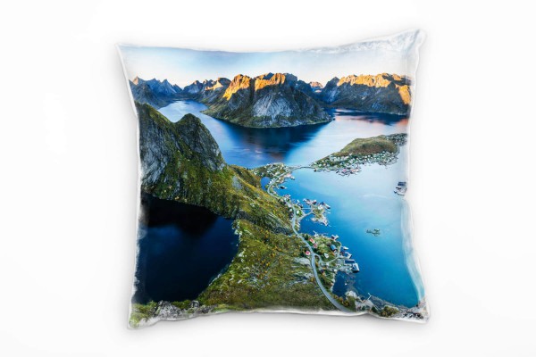 Natur, blau, grau, Berge, Sonnenuntergang, Norwegen Deko Kissen 40x40cm für Couch Sofa Lounge Zierk