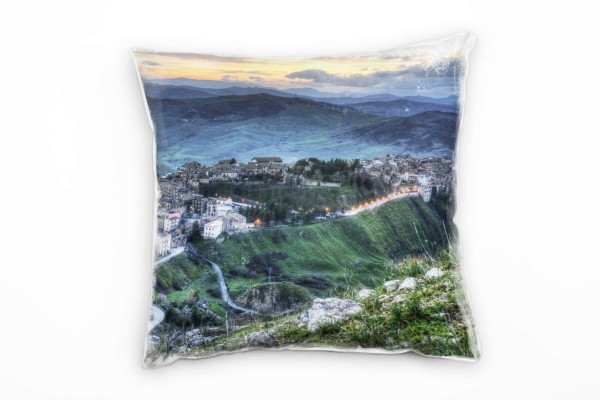 Landschaft, grün, grau, orange, Stadt, Sizilien Deko Kissen 40x40cm für Couch Sofa Lounge Zierkissen