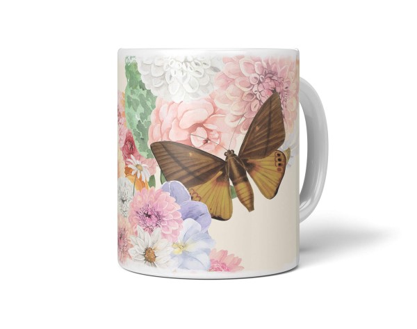 Dekorative Tasse mit schönem Motiv Blumen Schmetterling Vintage Kunstvoll Pastelltöne