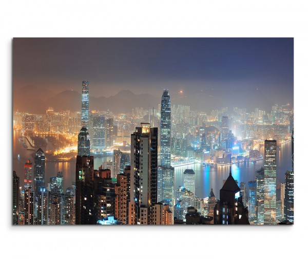120x80cm Wandbild Hongkong Skyline Wolkenkratzer Nacht