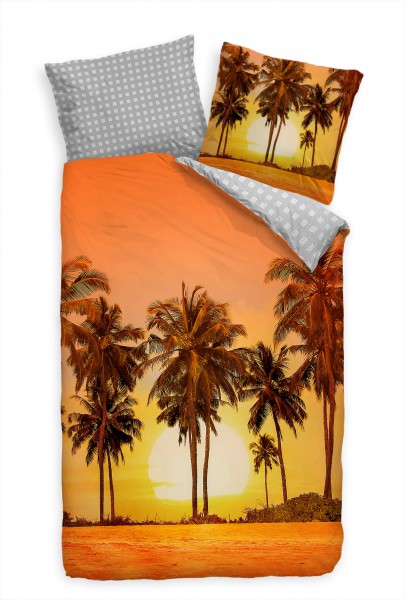 Palmen Sonnenuntergang Orange Gelb Bettwäsche Set 135x200 cm + 80x80cm Atmungsaktiv