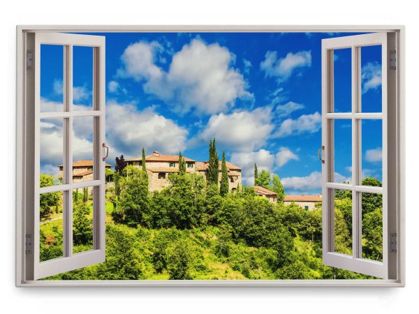 Wandbild 120x80cm Fensterbild Toskana Landhaus Italien Grün blauer Himmel