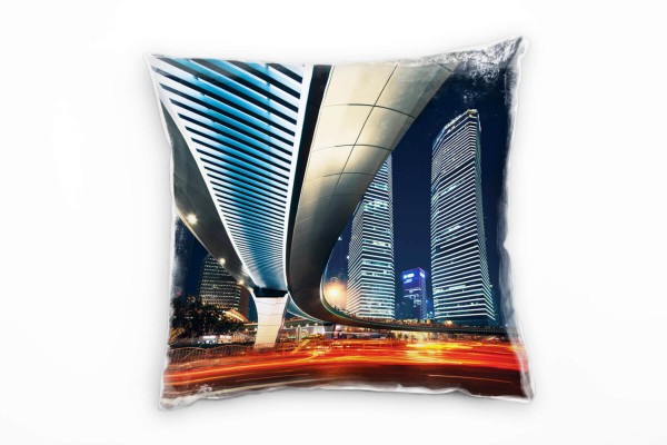 Urban und City, rot, blau, Lichtlinien, Nacht, Brücke Deko Kissen 40x40cm für Couch Sofa Lounge Zier