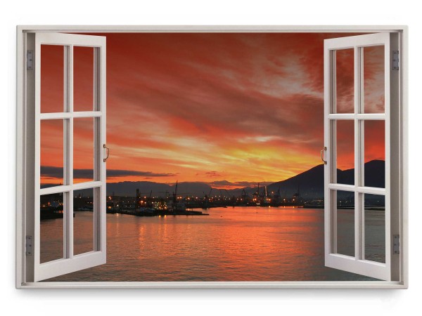 Wandbild 120x80cm Fensterbild Sonnenuntergang Hafen Meer Berge Abendrot