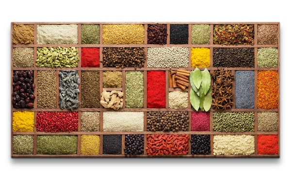 Leinwandbild 120x60cm Gewürze aus aller Welt Kochen Küche Dekorativ Trockenfrüchte