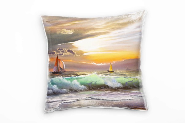 Strand und Meer, überschlagene Wellen, Segelboote Deko Kissen 40x40cm für Couch Sofa Lounge Zierkiss