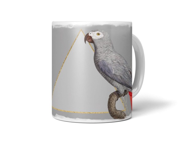 Dekorative Tasse mit schönem Vogel Motiv grauer Papagei einzigartiges Design Gold Dreieck
