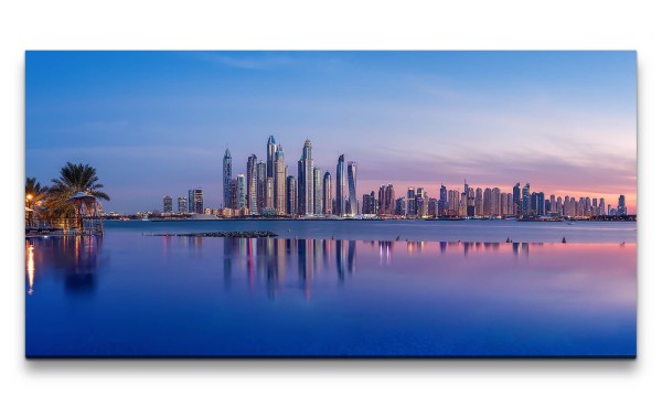 Leinwandbild 120x60cm Panorama Dubai Wolkenkratzer Meer Skyline Abendröte
