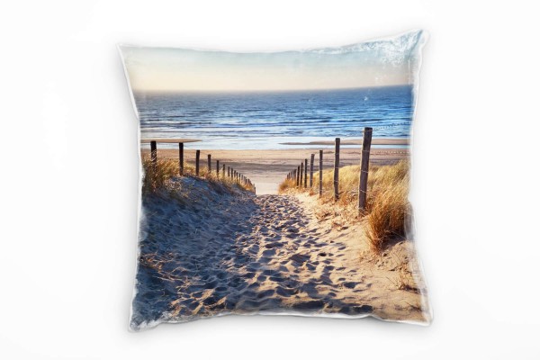 Strand und Meer, Dünen, Gras, Sonne, beige, blau Deko Kissen 40x40cm für Couch Sofa Lounge Zierkisse