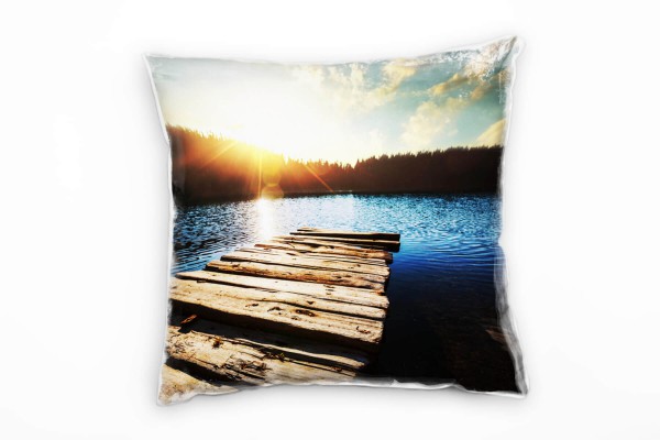 Seen, braun, blau, gelb, Sonnenuntergang, Wald, Steg Deko Kissen 40x40cm für Couch Sofa Lounge Zierk