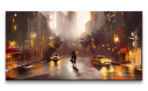 Leinwandbild 120x60cm New York Kunstvoll Malerisch Liebespärchen Regen Romantisch