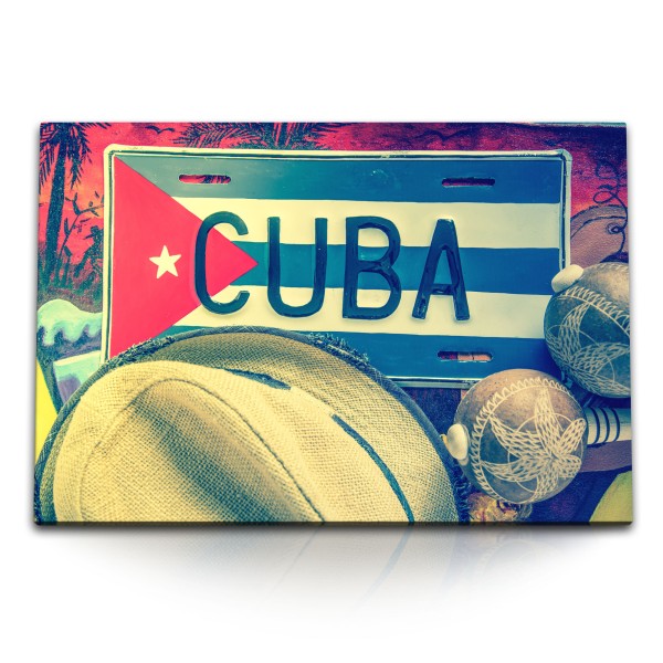 120x80cm Wandbild auf Leinwand Kuba Metallschild Sonnenhut Sonnenschein Cuba