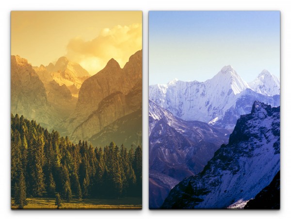 2 Bilder je 60x90cm Tannenwald Berge Himalaja Bergkette Blau Schnee Natur