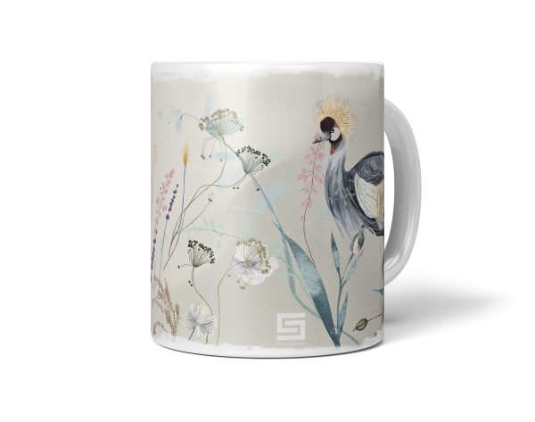 Dekorative Tasse mit schönem Vogel Motiv Kranich Blumen Blüten Pastelltöne Einzigartig Design