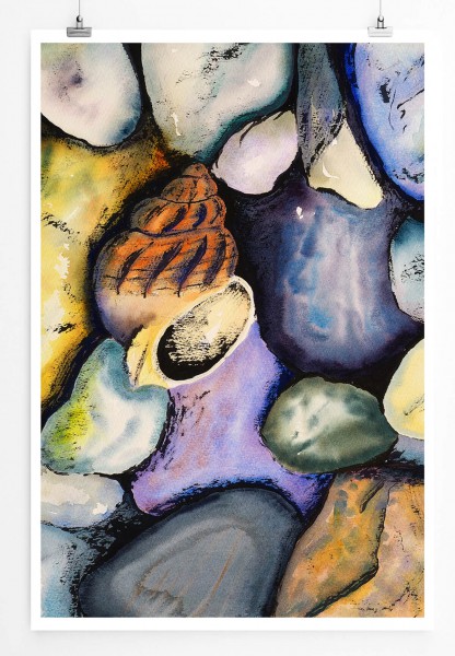60x90cm Muscheln und Steine mit Wasserfarben und Tinte