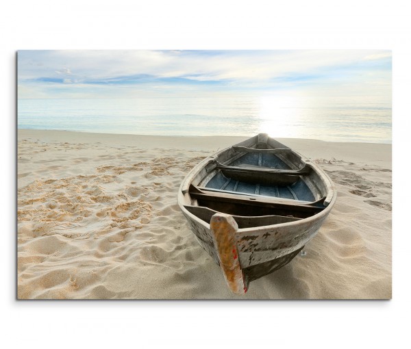 120x80cm Wandbild Sandstrand Meer Holzboot Sonnenaufgang