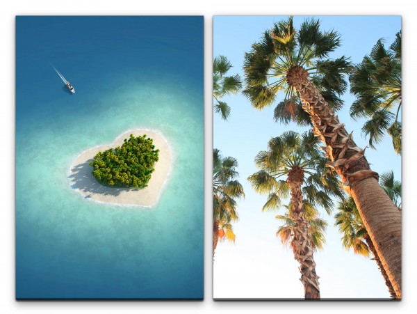 2 Bilder je 60x90cm Malediven Herzinsel Palmen Traumurlaub Romantisch Meer Sommer