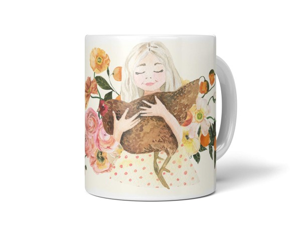 Tasse Porzellan Tier Motiv kleines Mädchen mit Huhn Blumen Herzig Lieblich
