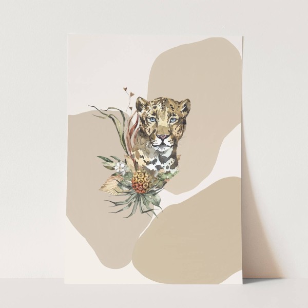 Wandbild Tier Motiv Jaguar Raubkatze Blumen Pflanzen Kunstvoll