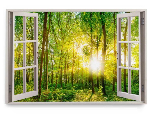 Wandbild 120x80cm Fensterbild Natur grüner Wald Bäume Baumkronen Sonnenschein