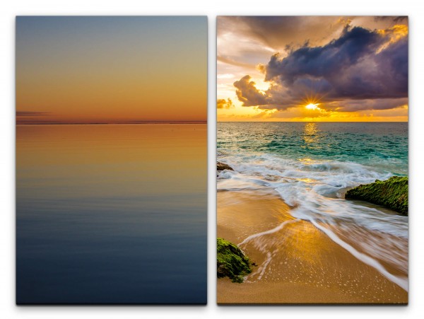 2 Bilder je 60x90cm Meer Horizont Wellen Strand Wolken Sonnenuntergang Beruhigend
