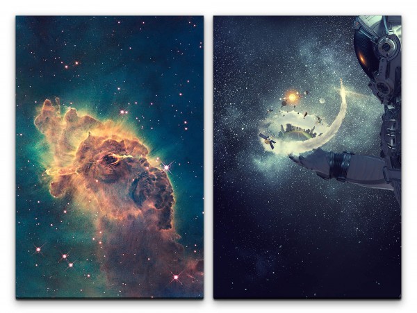 2 Bilder je 60x90cm Nebula Universum Astronaut Weltall Sterne Fantasie Galaxie