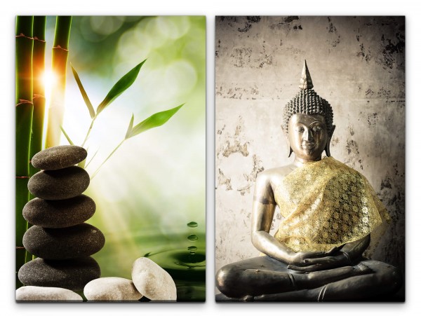 2 Bilder je 60x90cm Buddha runde Steine Kunstvoll Meditation warmes Licht Achtsamkeit positive Energ