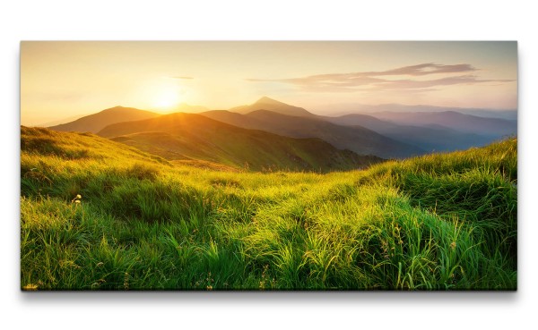 Leinwandbild 120x60cm Alpen Berge Wiese Gras Natur Sonnenuntergang Friedlich Still