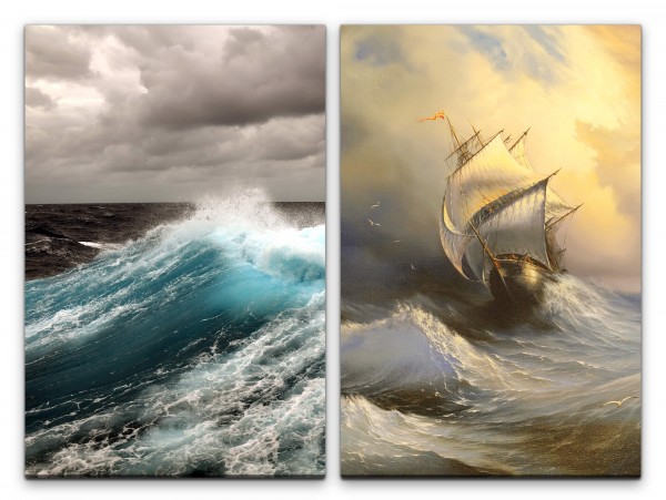 2 Bilder je 60x90cm Sturm wilde See altes Segelschiff Ozean Wellen Naturgewalt Kraftvoll