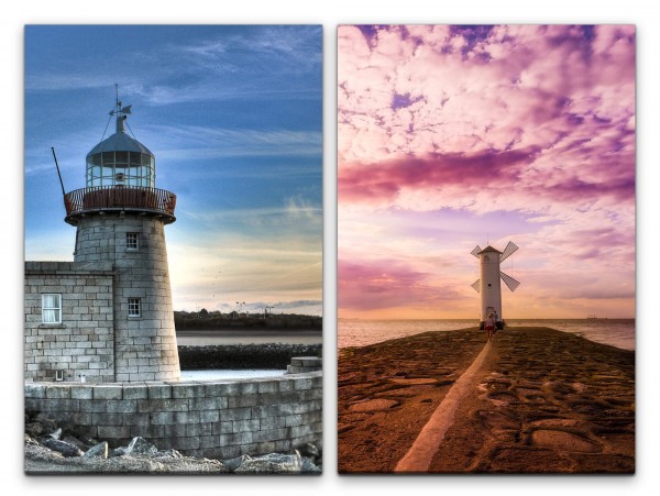2 Bilder je 60x90cm Leuchtturm Küste Windmühle Horizont Zirruswolken Abenddämmerung Meer