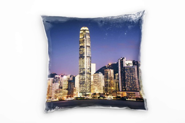 City, gelb, blau, Hongkong, Nacht, Hochhäuser Deko Kissen 40x40cm für Couch Sofa Lounge Zierkissen