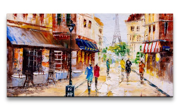 Leinwandbild 120x60cm Paris Eiffelturm Cafés Romantisch Malerisch Kunstvoll