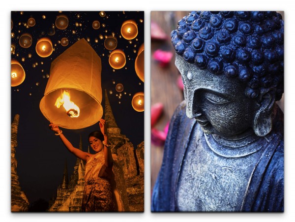 2 Bilder je 60x90cm Buddha Indien Lichtfest Feuerlaterne Nacht Tempel positive Energie