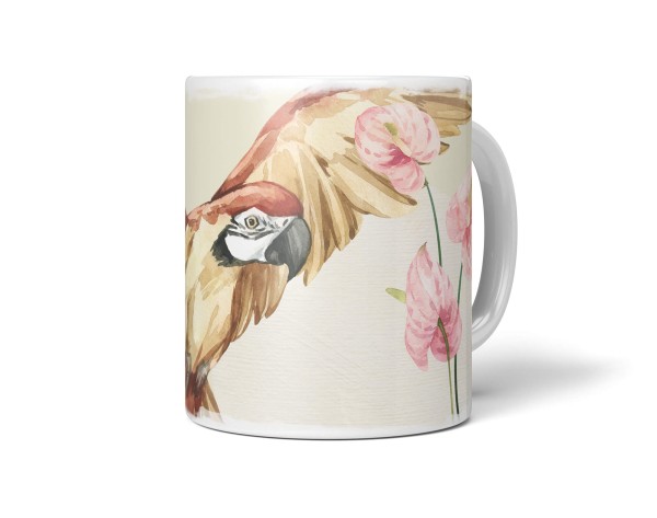 Dekorative Tasse mit schönem Vogel Motiv Papagei Wasserfarben Blumen Blüten Exotisch