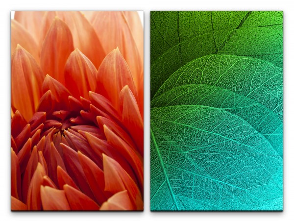 2 Bilder je 60x90cm Dahlie rote Blume grüne Blätter Sommer Blattadern Fotokunst Makrofotografie