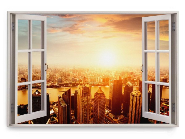 Wandbild 120x80cm Fensterbild Shanghai Großstadt Megacity Skyline Sonnenuntergang