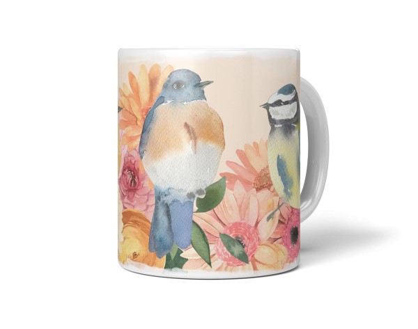 Dekorative Tasse mit schönem Vogel Motiv Blaumeisen Blumen Blüten Farbenfroh Wasserfarben