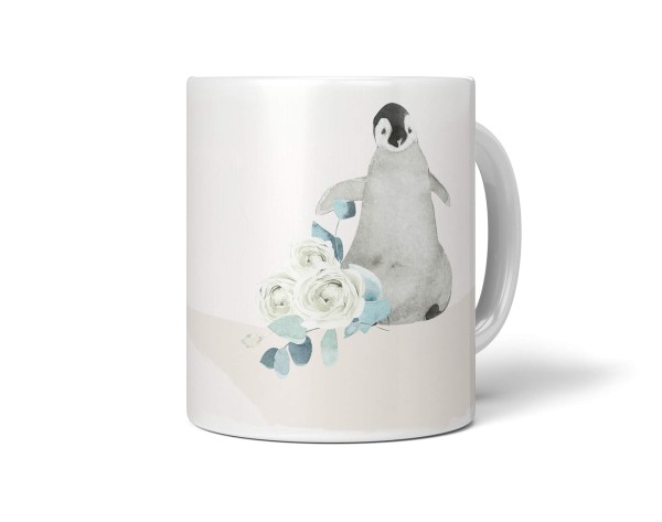 Tasse Porzellan Tier Motiv kleiner Pinguin flauschig Blumen Süß