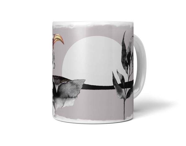 Dekorative Tasse mit schönem Vogel Motiv Nashornvogel Grau einzigartiges Design Mond