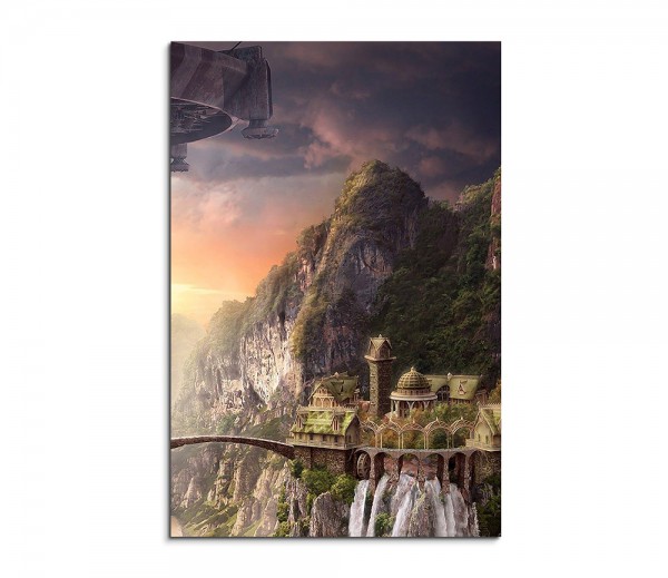 Flying Castle Above the Waterfall Fantasy Art 90x60cm
