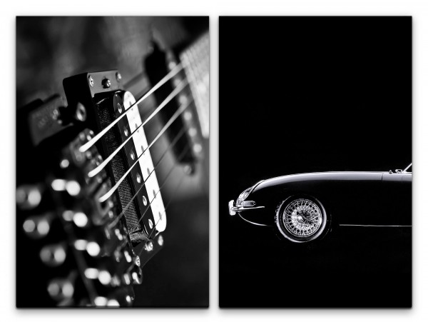 2 Bilder je 60x90cm Schwarz Weiß Oldtimer Ferrari Gitarre Musik Supercar