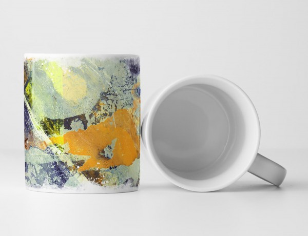 Tasse Geschenk blass-türkiser Hintergrund; orange, gelbe, dunkelblaue Abstraktionen 