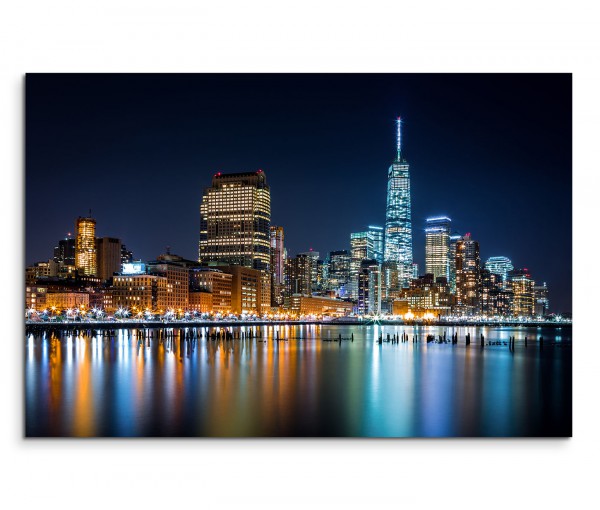 120x80cm Wandbild Manhattan Skyline Hudson River Nacht Lichter Spiegelung