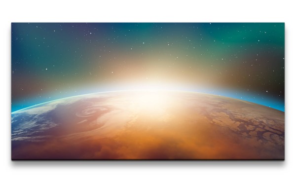 Leinwandbild 120x60cm Erde Planet Weltall Sonnenuntergang Atmosphäre Sterne