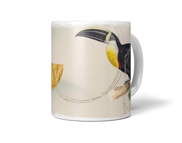 Dekorative Tasse mit schönem Vogel Motiv Tukan einzigartiges Design Gold Pastelltöne Kunstvoll
