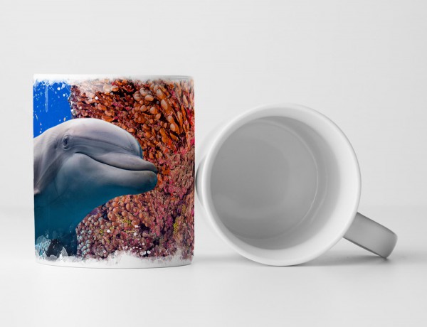 Tasse Geschenk Tierfotografie – Süßer Delfin neben buntem Korallenriff