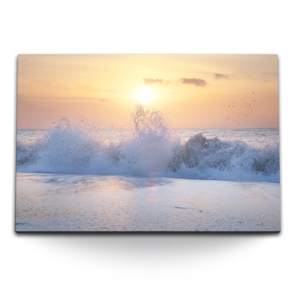 120x80cm Wandbild auf Leinwand Strand Wellen Horizont Sonnenuntergang Meer