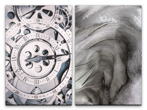 2 Bilder je 60x90cm Zahnräder Uhrwerk Römische Zahlen Zeit Büro Makrofotografie Präzision