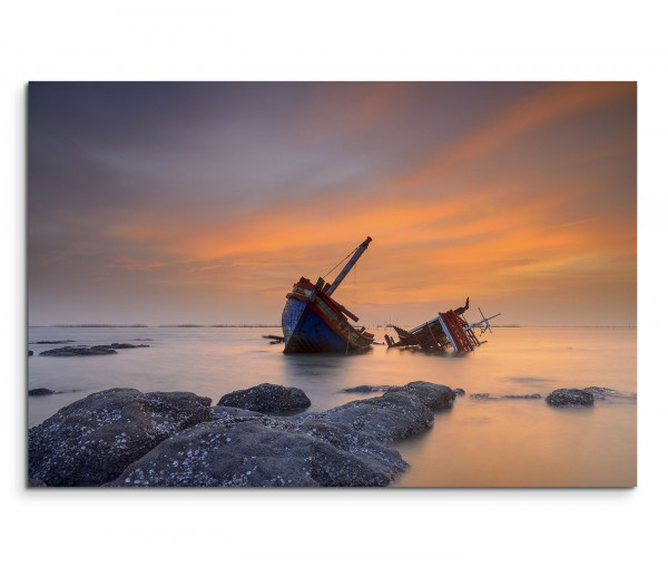 120x80cm Wandbild Thailand Meer Ufer Schiffswrack Sonnenuntergang