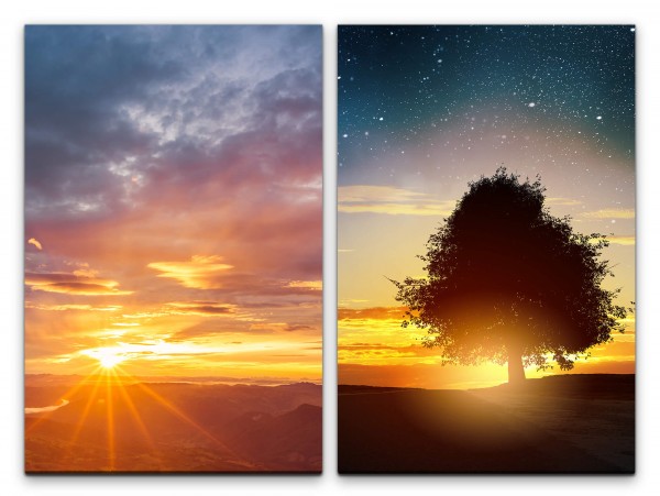 2 Bilder je 60x90cm Horizont Sonne Baum Sonnenuntergang Nachthimmel Sterne Sternenhimmel